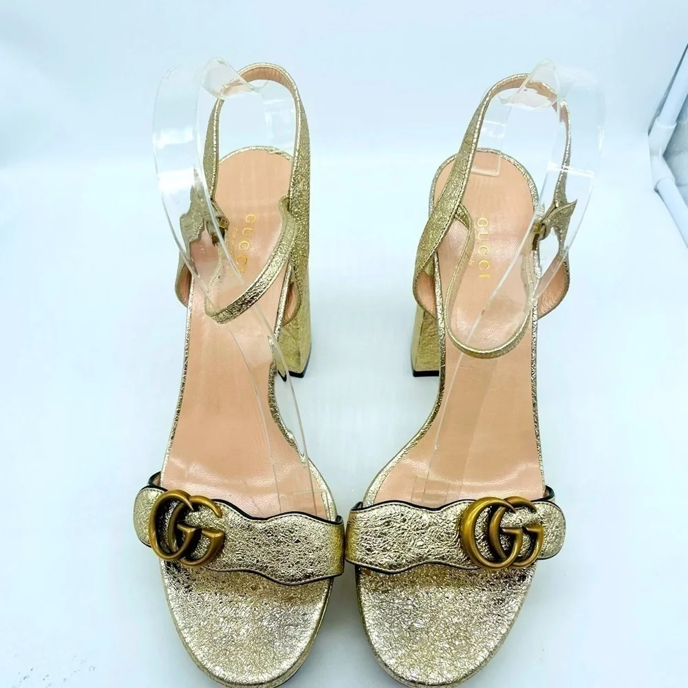 Gucci Galassia Metallic Gold leather GG Marmont ankle strap block heels 40.5